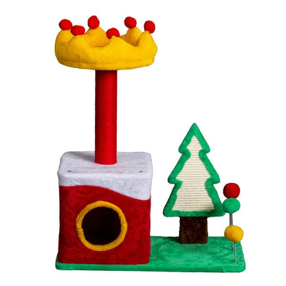 29.5in Christmas Themed Plush Cat Tree, Multi-level Cat Tower With Cat Condo, Top Crown Perch, Sisal Scratching Posts