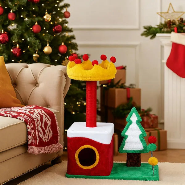 29.5in Christmas Themed Plush Cat Tree, Multi-level Cat Tower With Cat Condo, Top Crown Perch, Sisal Scratching Posts