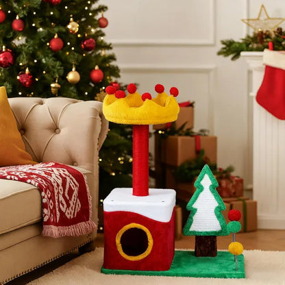 29.5in Christmas Themed Plush Cat Tree, Multi-level Cat Tower With Cat Condo, Top Crown Perch, Sisal Scratching Posts