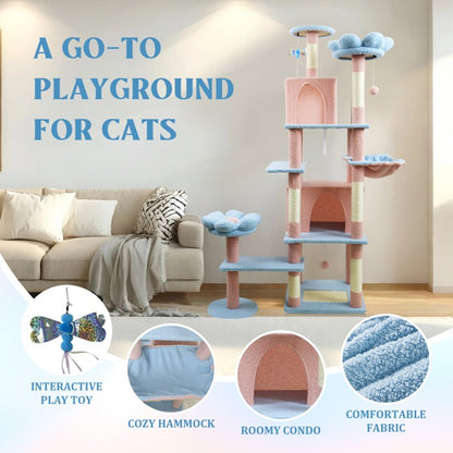 7 inch 1  Flower Cat Tree With Large Condo Removable Flower Cushion And Hammock Blue