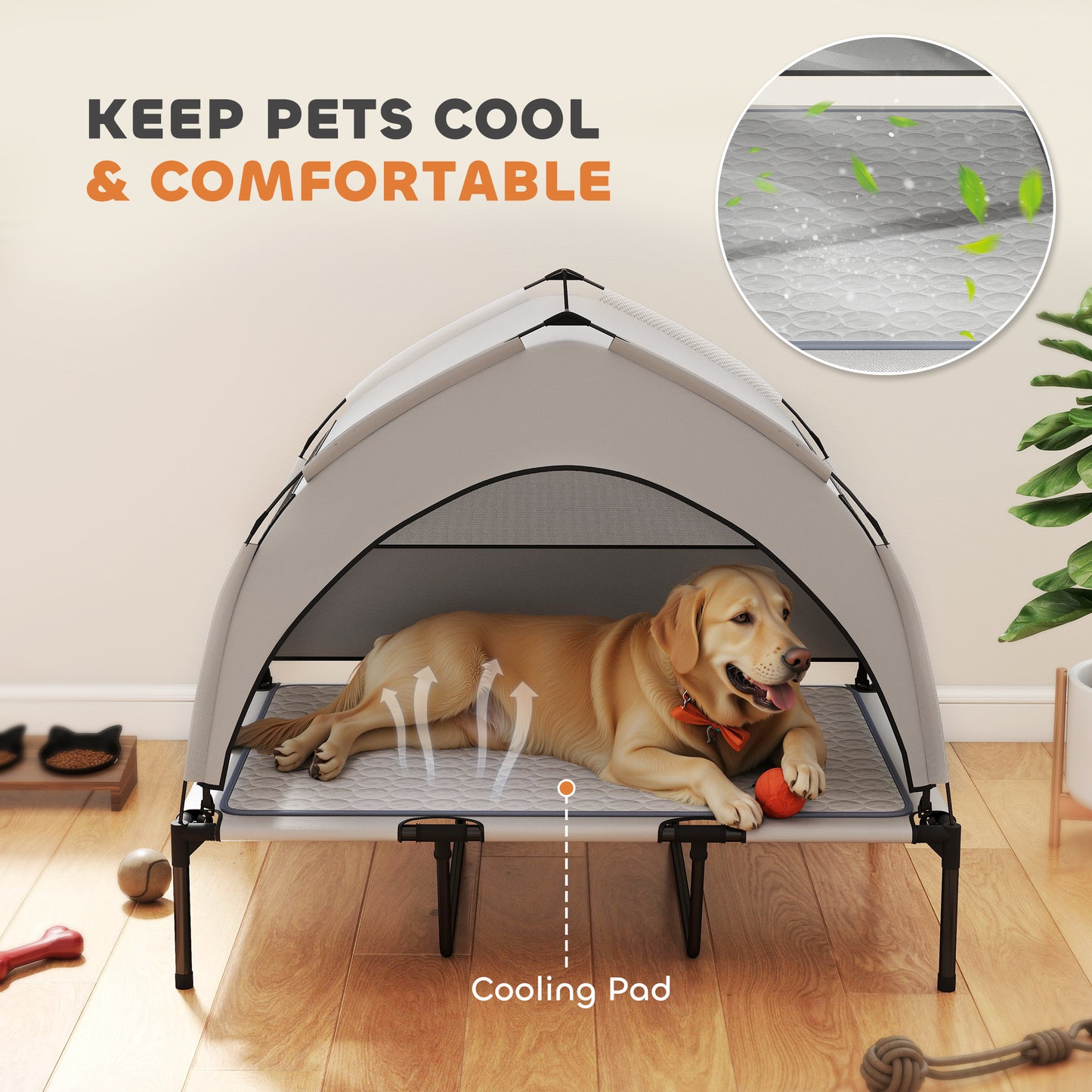 Elevated Dog Bed with Canopy  Portable Outside Raised Pet Cot with Cooling Pad, Storage Bag, 42" x 30" x 37"