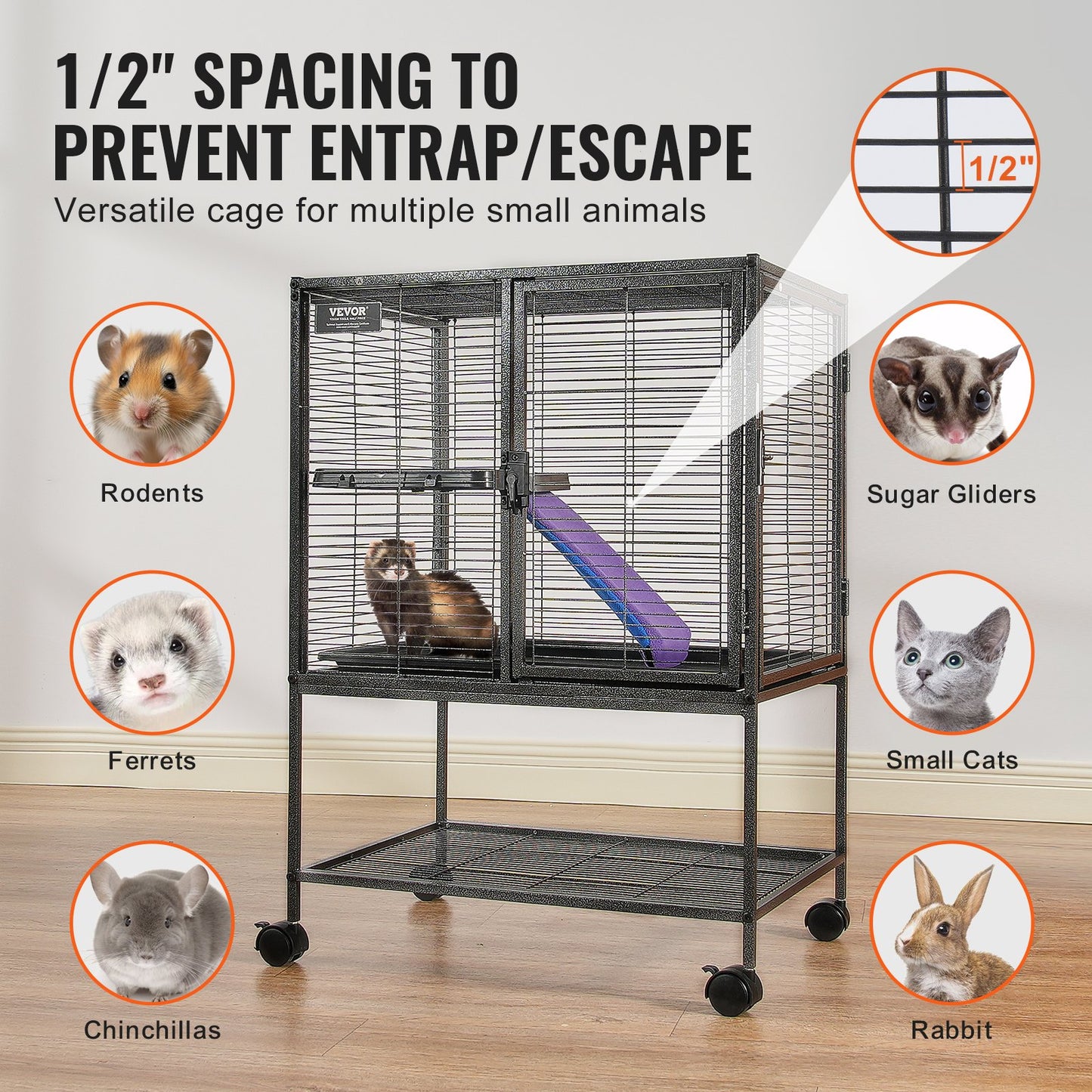 34' Metal Small Animal Cage 2-Tier Rolling Ferret Cage With Tray A Ramp