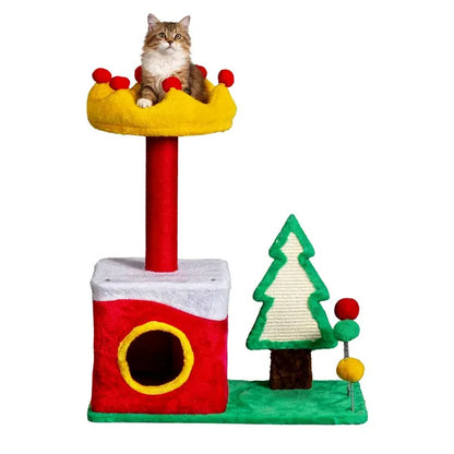 29.5in Christmas Themed Plush Cat Tree, Multi-level Cat Tower With Cat Condo, Top Crown Perch, Sisal Scratching Posts