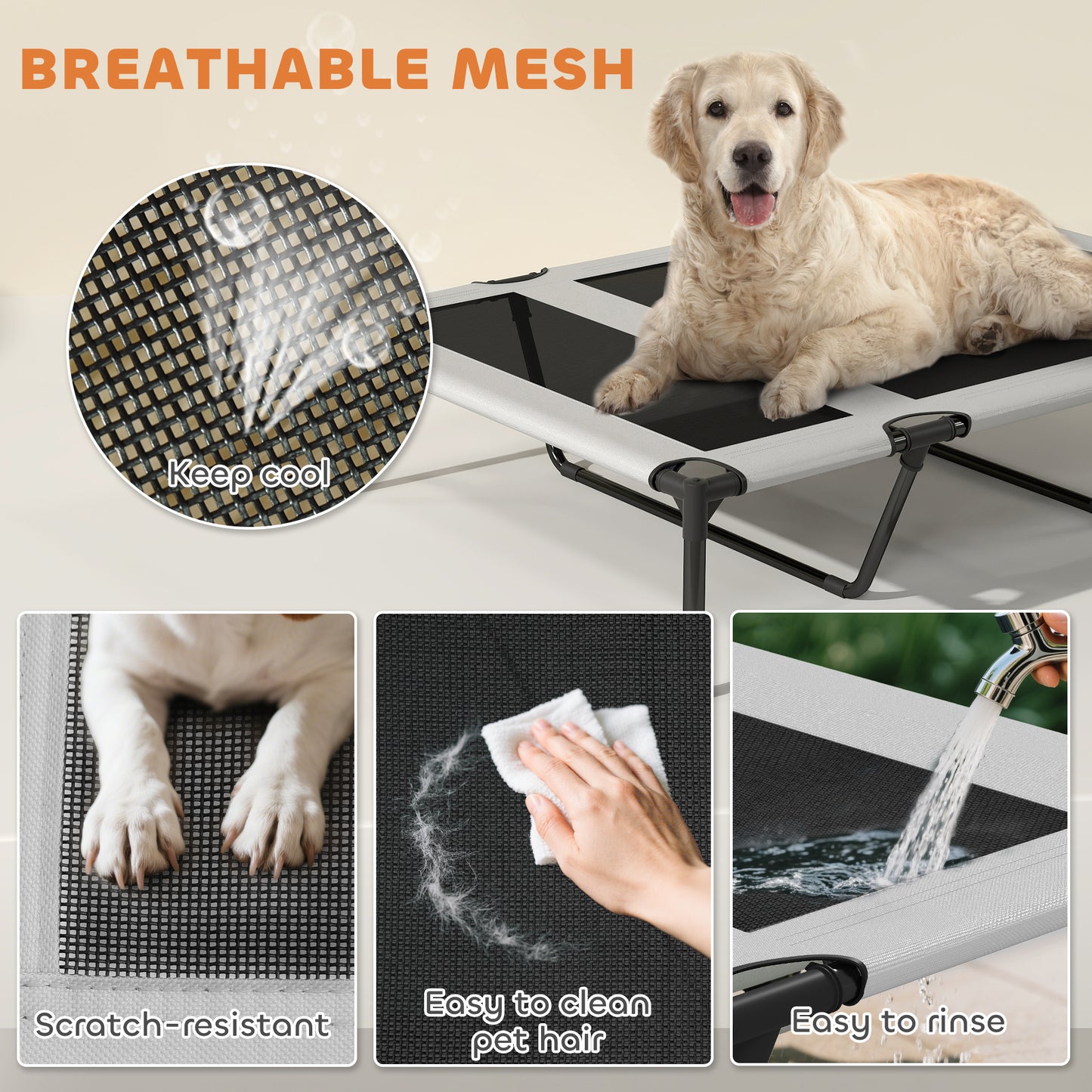 Elevated Dog Bed with Canopy  Portable Outside Raised Pet Cot with Cooling Pad, Storage Bag, 42" x 30" x 37"