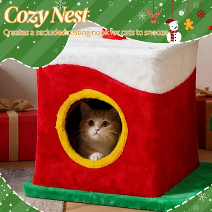 29.5in Christmas Themed Plush Cat Tree, Multi-level Cat Tower With Cat Condo, Top Crown Perch, Sisal Scratching Posts