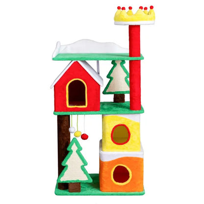 56in Christmas Themed Plush Cat Tree, Multi-level Cat Tower With Cat Condos, Top Crown Perch, Sisal Ramp Scratching Posts