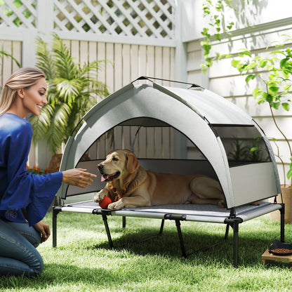 Elevated Dog Bed with Canopy  Portable Outside Raised Pet Cot with Cooling Pad, Storage Bag, 42" x 30" x 37"