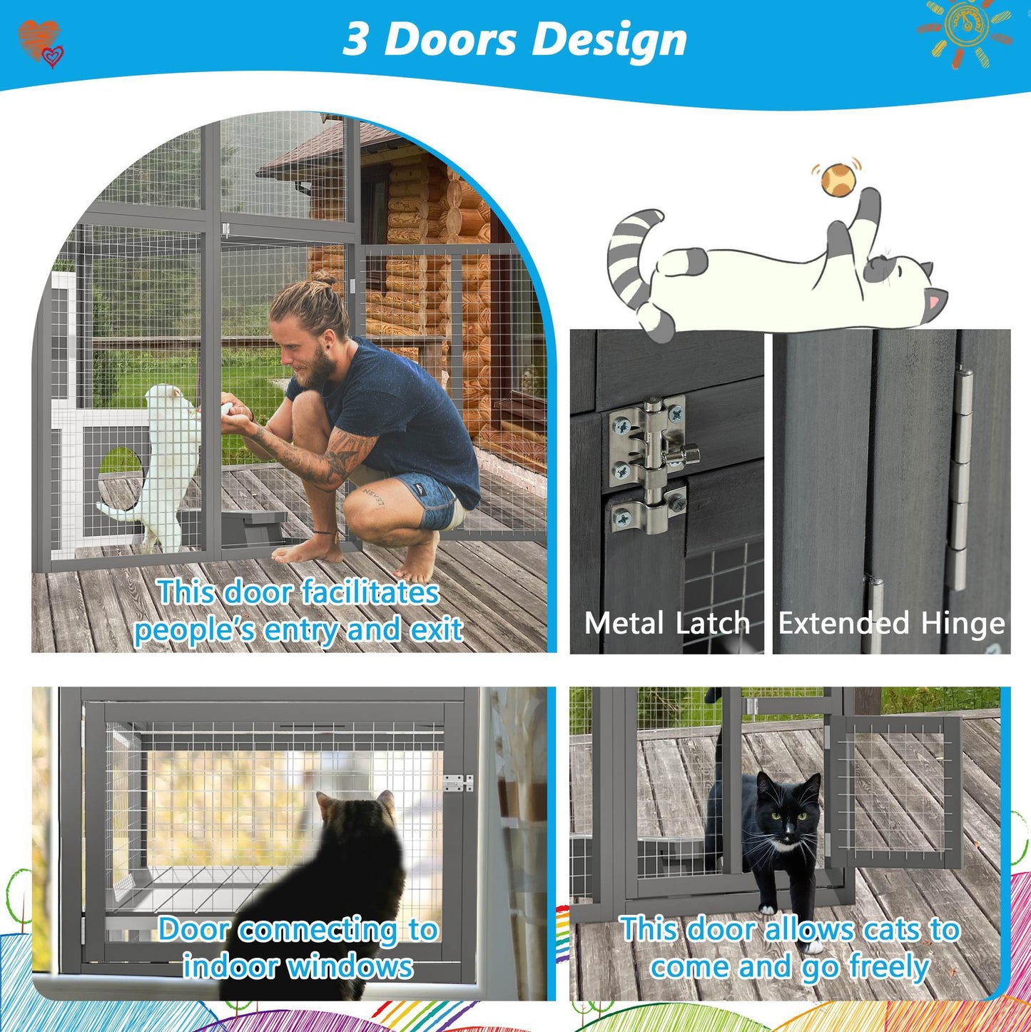49.6 Outdoor Wooden Cat Catio - Large Solid Wood Cat Cage Playpen With 2 Jumping