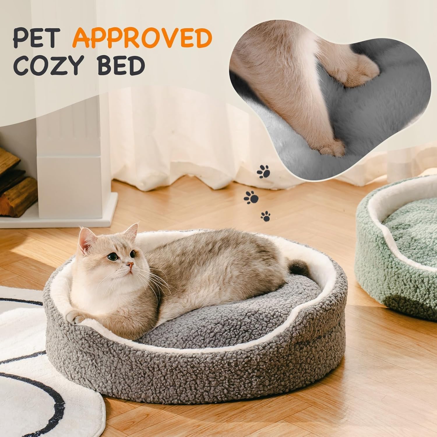 Mewoo Orthopedic Plush Pet Bed – Washable, Non-Slip Round Bed for Small Dogs & Cats, 23" – Grey