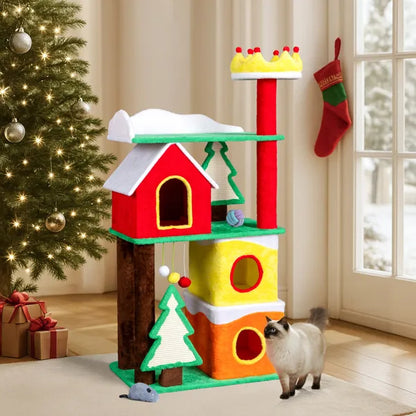 56in Christmas Themed Plush Cat Tree, Multi-level Cat Tower With Cat Condos, Top Crown Perch, Sisal Ramp Scratching Posts