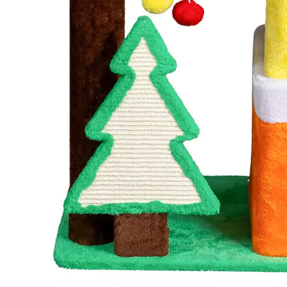 56in Christmas Themed Plush Cat Tree, Multi-level Cat Tower With Cat Condos, Top Crown Perch, Sisal Ramp Scratching Posts