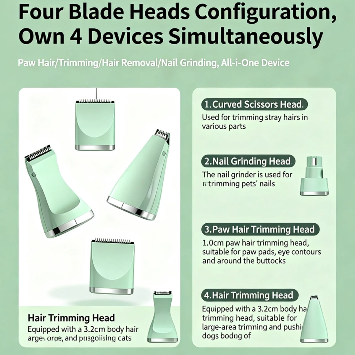 4-in-1 Pet Grooming Kit For Small Dogs Cats, Professional Quiet Rechargeable Hair Trimmer With 4 Interchangeable Heads