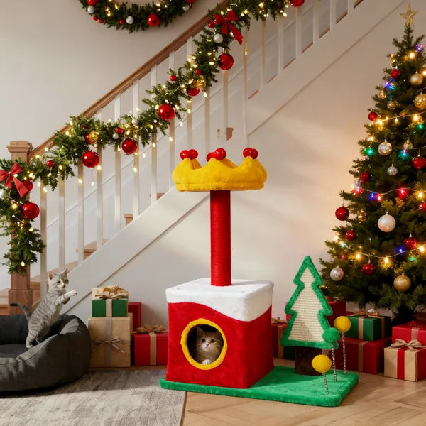 29.5in Christmas Themed Plush Cat Tree, Multi-level Cat Tower With Cat Condo, Top Crown Perch, Sisal Scratching Posts