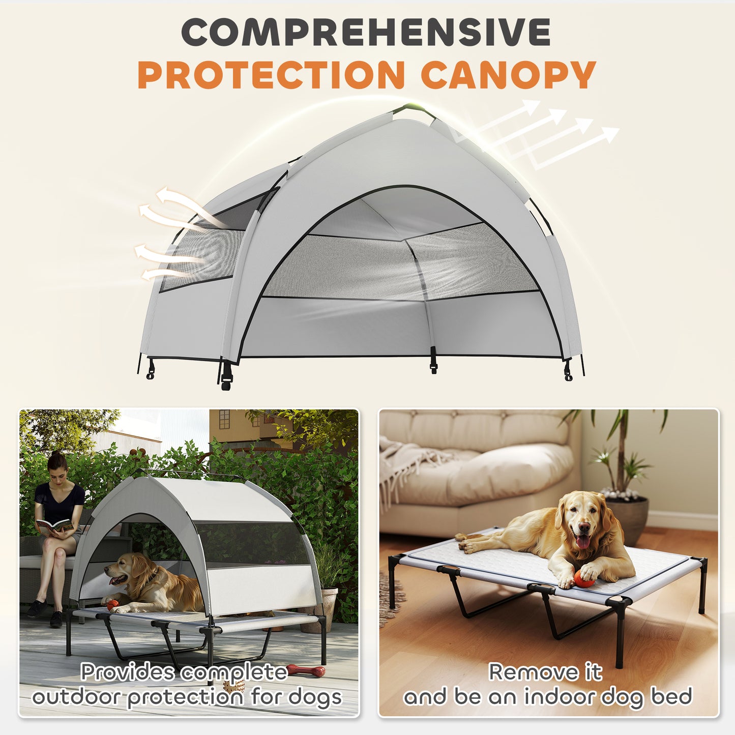 Elevated Dog Bed with Canopy  Portable Outside Raised Pet Cot with Cooling Pad, Storage Bag, 42" x 30" x 37"