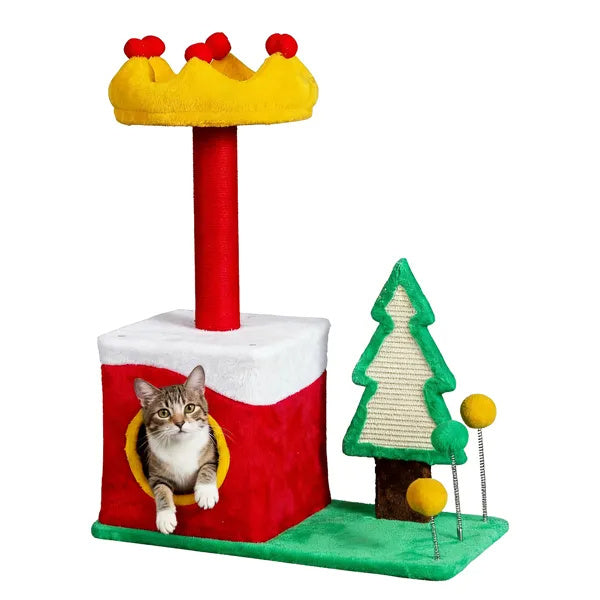 29.5in Christmas Themed Plush Cat Tree, Multi-level Cat Tower With Cat Condo, Top Crown Perch, Sisal Scratching Posts