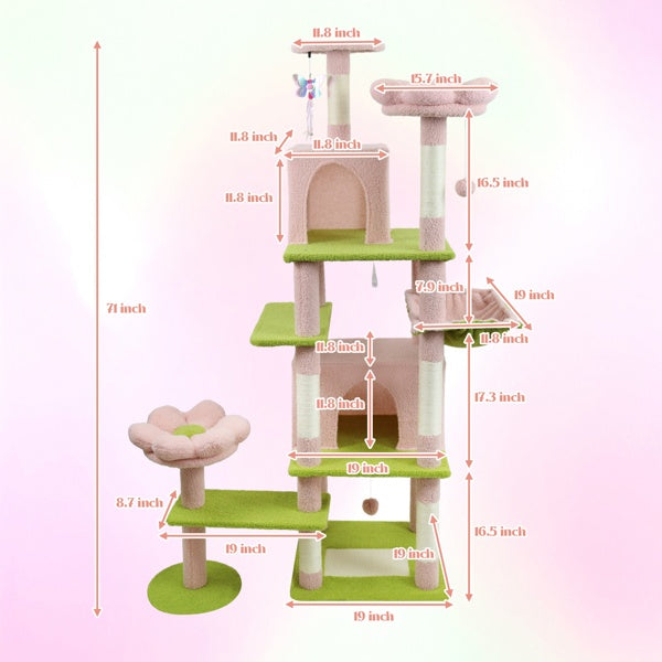 71 Inch Flower Cat Tree With Large Condo Removable Flower Cushion And Hammock Pink