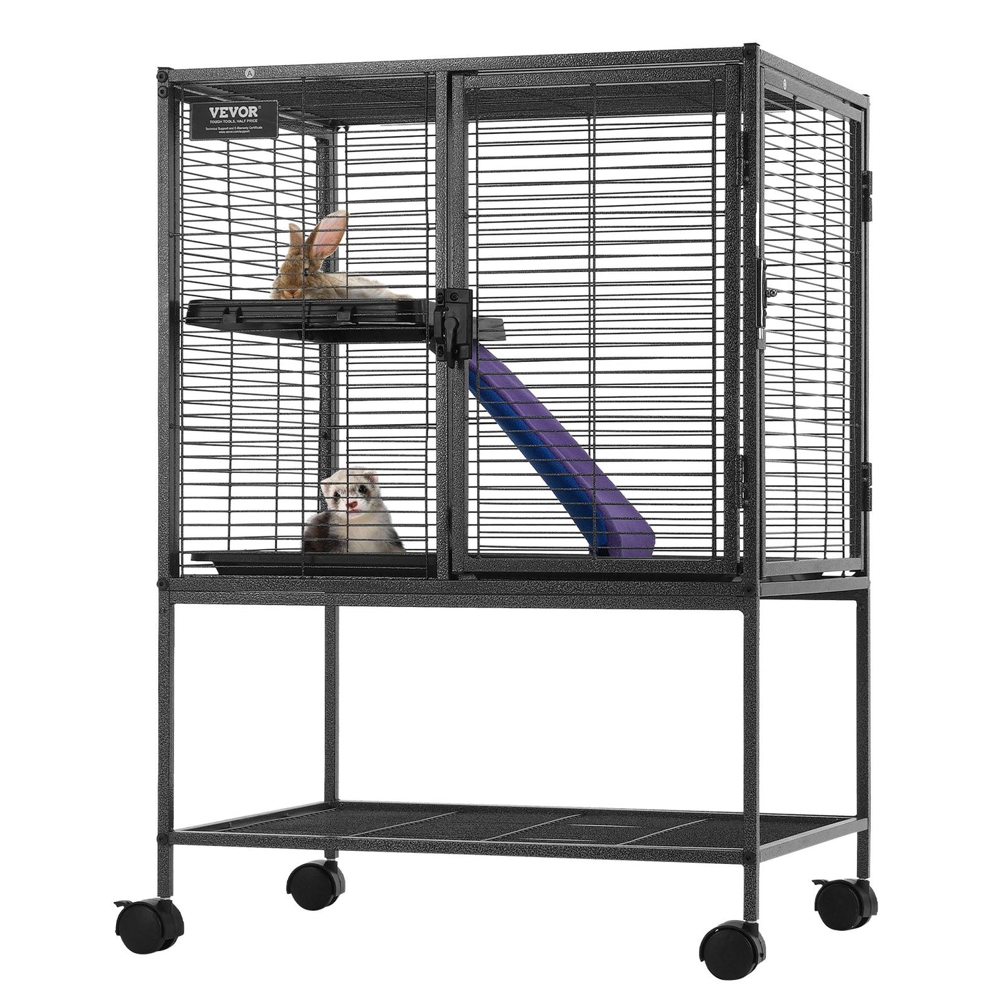 34' Metal Small Animal Cage 2-Tier Rolling Ferret Cage With Tray A Ramp