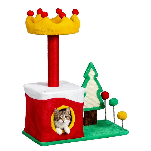 29.5in Christmas Themed Plush Cat Tree, Multi-level Cat Tower With Cat Condo, Top Crown Perch, Sisal Scratching Posts