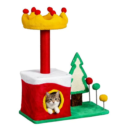 29.5in Christmas Themed Plush Cat Tree, Multi-level Cat Tower With Cat Condo, Top Crown Perch, Sisal Scratching Posts