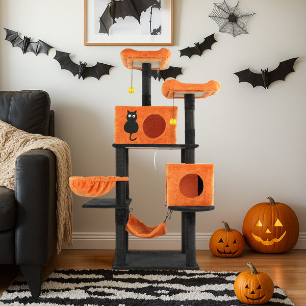 34 in Halloween Cat Tree Tower – Multi-Level Playground with Condos, Hammocks, Perches &amp