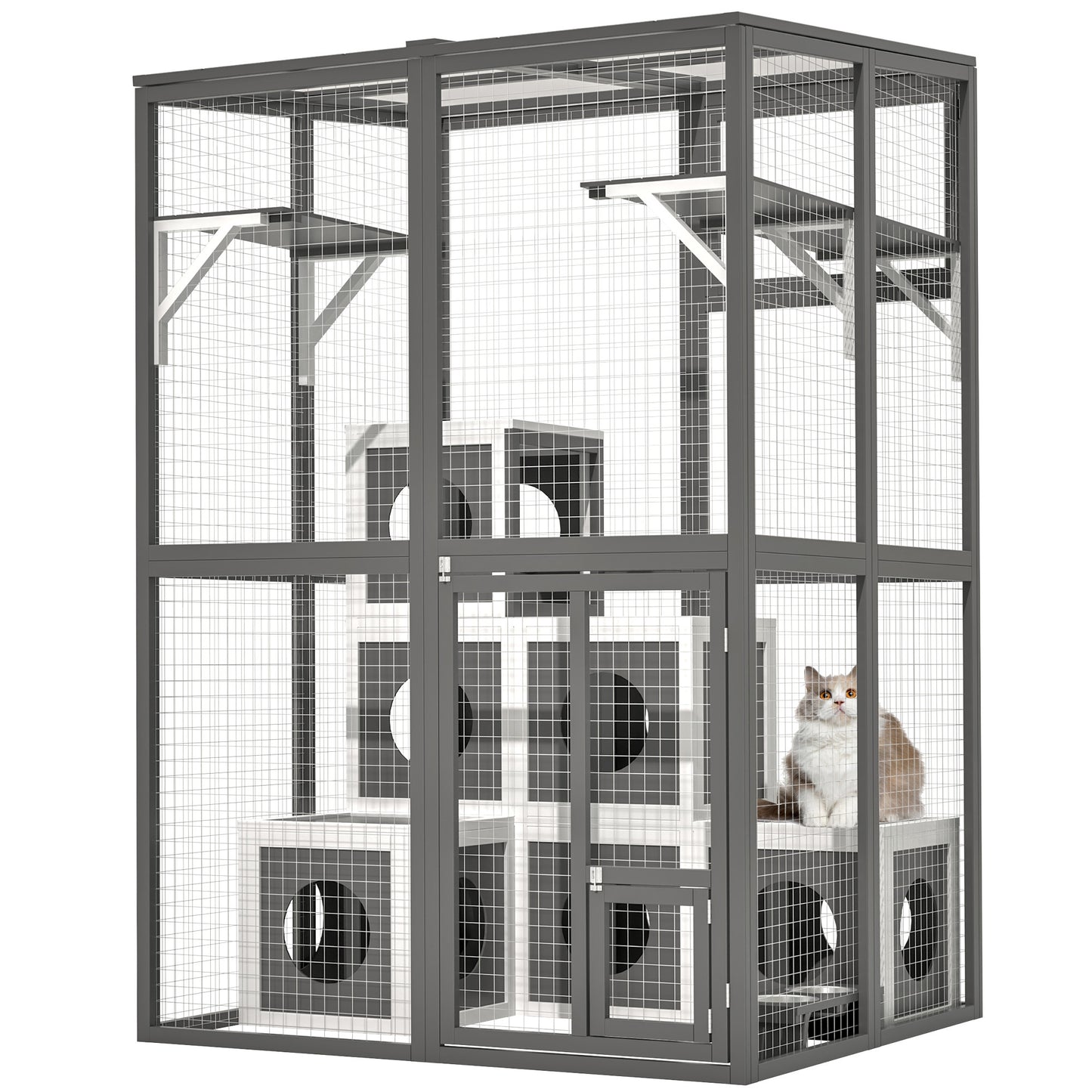 49.6 Outdoor Wooden Cat Catio - Large Solid Wood Cat Cage Playpen With 2 Jumping