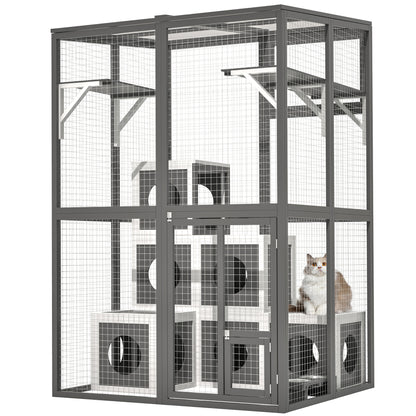 49.6 Outdoor Wooden Cat Catio - Large Solid Wood Cat Cage Playpen With 2 Jumping