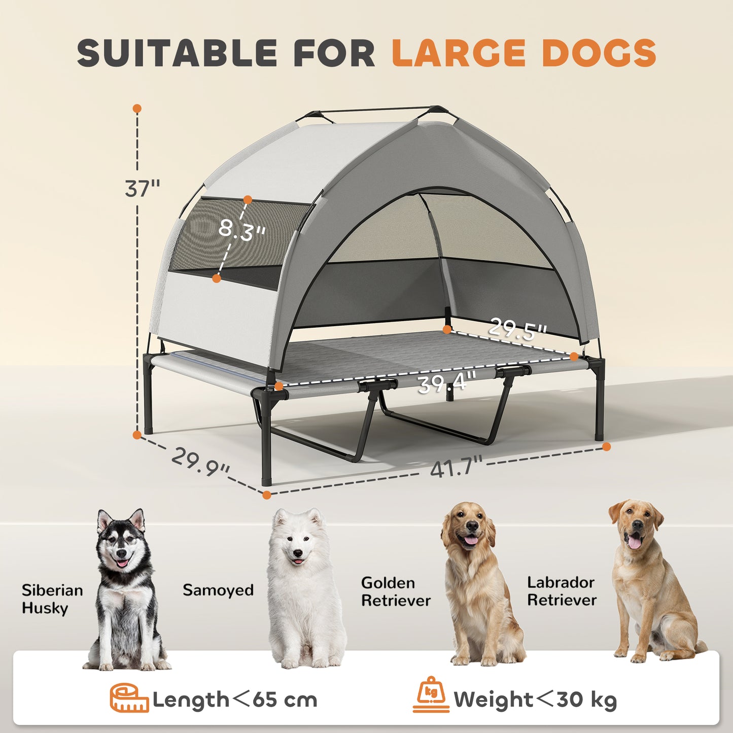 Elevated Dog Bed with Canopy  Portable Outside Raised Pet Cot with Cooling Pad, Storage Bag, 42" x 30" x 37"
