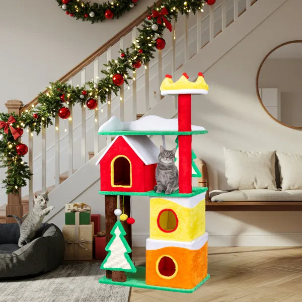 56in Christmas Themed Plush Cat Tree, Multi-level Cat Tower With Cat Condos, Top Crown Perch, Sisal Ramp Scratching Posts