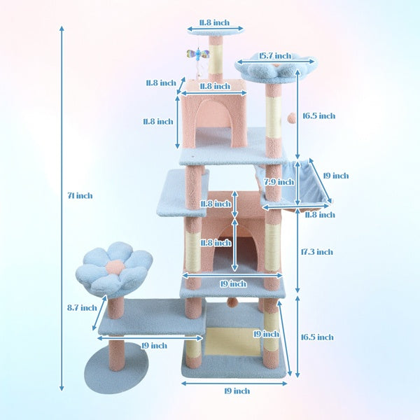 7 inch 1  Flower Cat Tree With Large Condo Removable Flower Cushion And Hammock Blue