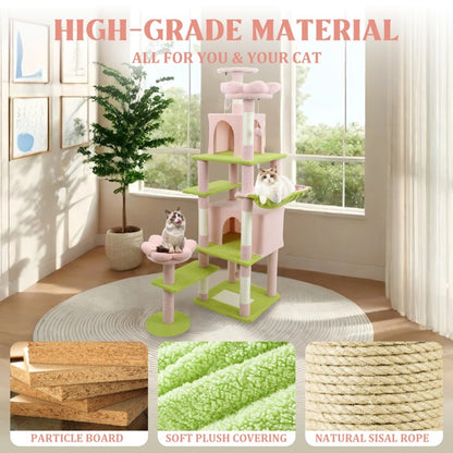 71 Inch Flower Cat Tree With Large Condo Removable Flower Cushion And Hammock Pink