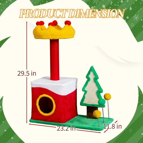 29.5in Christmas Themed Plush Cat Tree, Multi-level Cat Tower With Cat Condo, Top Crown Perch, Sisal Scratching Posts