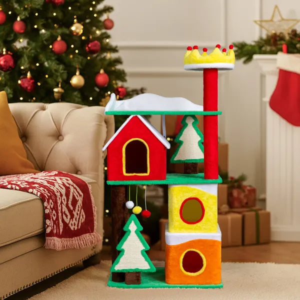 56in Christmas Themed Plush Cat Tree, Multi-level Cat Tower With Cat Condos, Top Crown Perch, Sisal Ramp Scratching Posts