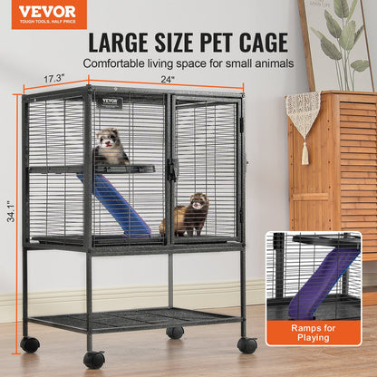 34' Metal Small Animal Cage 2-Tier Rolling Ferret Cage With Tray A Ramp