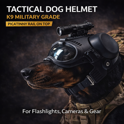 Tactical-Style K9 Dog Helmet with Goggles, Removable Earmuffs, Clear/Tinted Lenses, Picatinny Rail, Ventilated Shell for Working Dogs & Outdoor Training