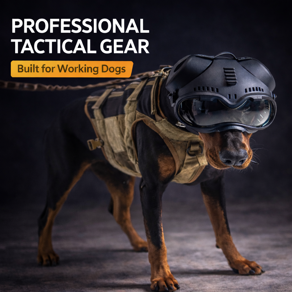 Tactical-Style K9 Dog Helmet with Goggles, Removable Earmuffs, Clear/Tinted Lenses, Picatinny Rail, Ventilated Shell for Working Dogs & Outdoor Training