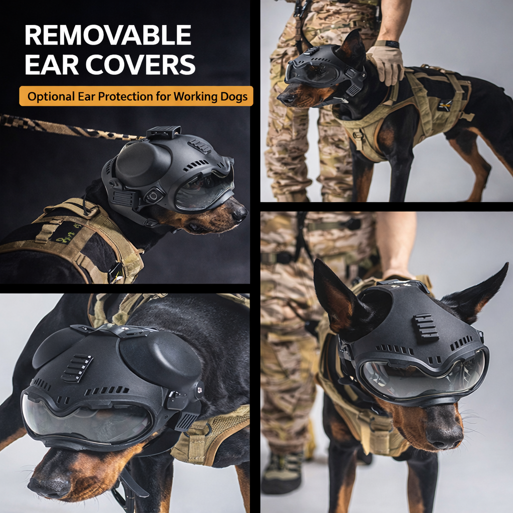 Tactical-Style K9 Dog Helmet with Goggles, Removable Earmuffs, Clear/Tinted Lenses, Picatinny Rail, Ventilated Shell for Working Dogs & Outdoor Training