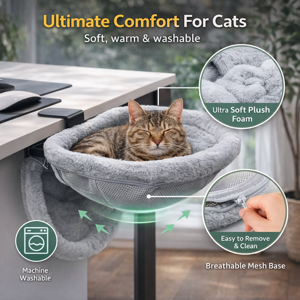 Cat Desk Bed - One-Click Folding,Sunken Design & Space-Saving Semi-Circular Cat Bed