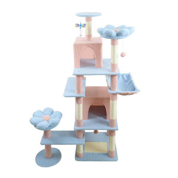 7 inch 1  Flower Cat Tree With Large Condo Removable Flower Cushion And Hammock Blue