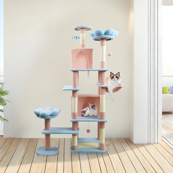 7 inch 1  Flower Cat Tree With Large Condo Removable Flower Cushion And Hammock Blue