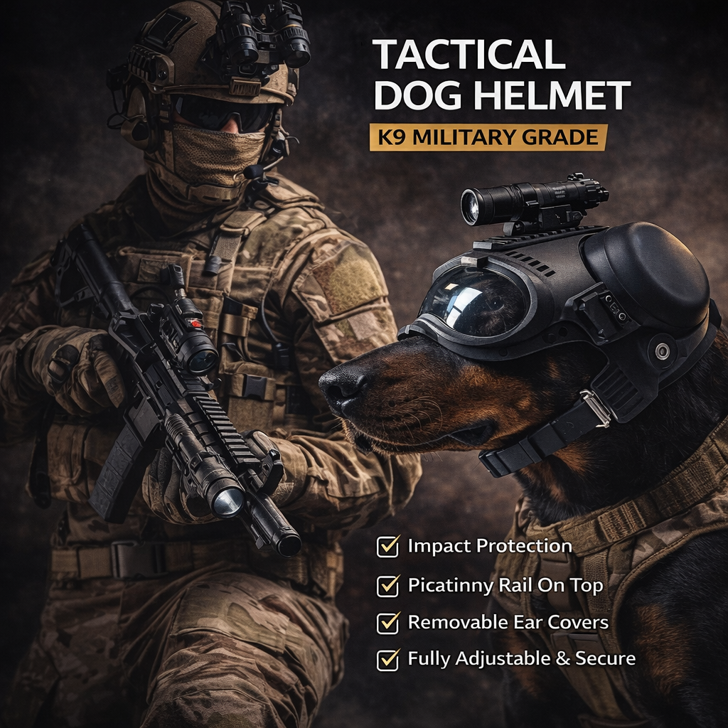 Tactical-Style K9 Dog Helmet with Goggles, Removable Earmuffs, Clear/Tinted Lenses, Picatinny Rail, Ventilated Shell for Working Dogs & Outdoor Training