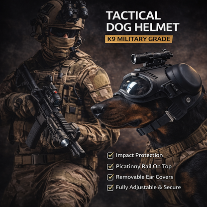 Tactical-Style K9 Dog Helmet with Goggles, Removable Earmuffs, Clear/Tinted Lenses, Picatinny Rail, Ventilated Shell for Working Dogs & Outdoor Training