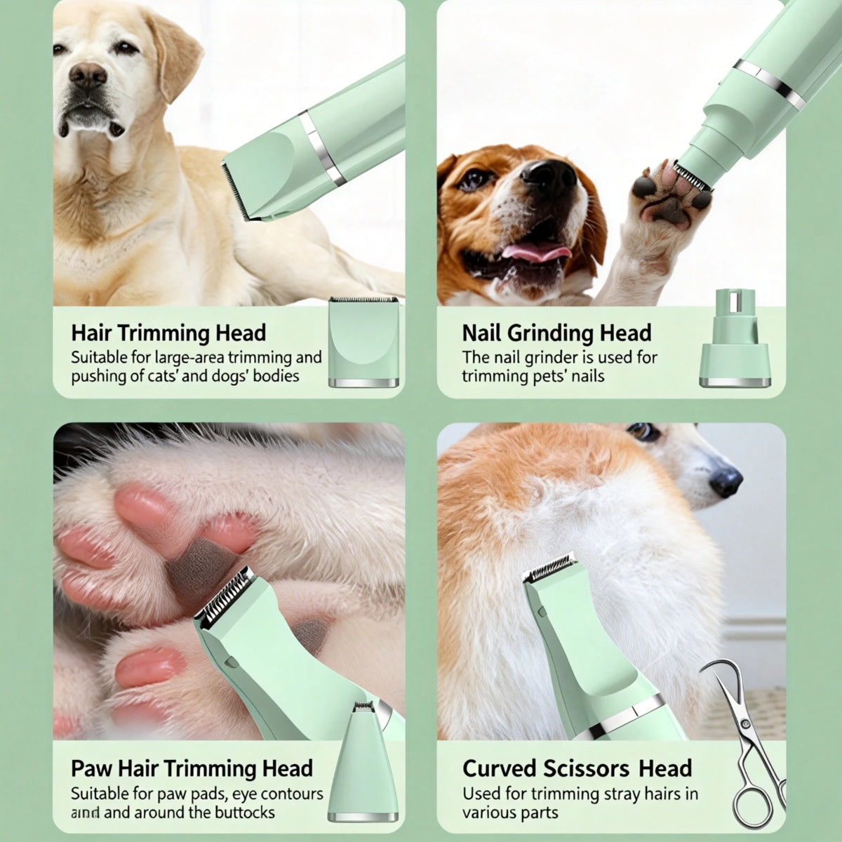 4-in-1 Pet Grooming Kit For Small Dogs Cats, Professional Quiet Rechargeable Hair Trimmer With 4 Interchangeable Heads