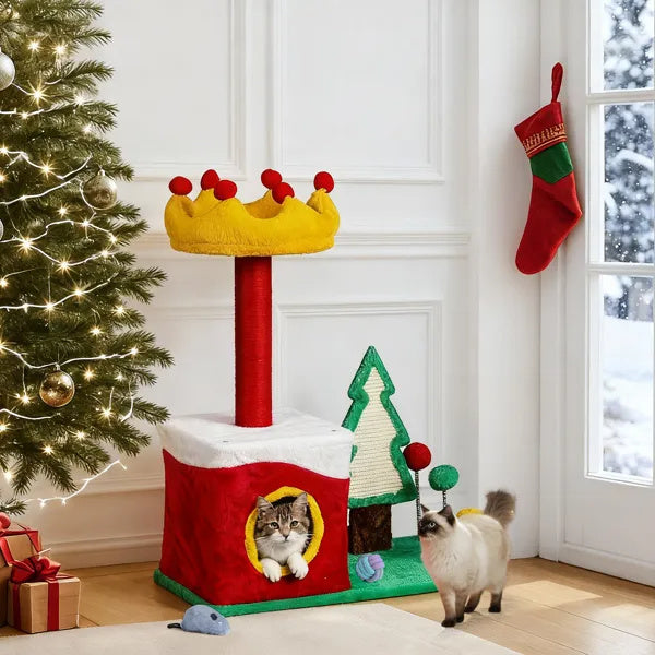 29.5in Christmas Themed Plush Cat Tree, Multi-level Cat Tower With Cat Condo, Top Crown Perch, Sisal Scratching Posts