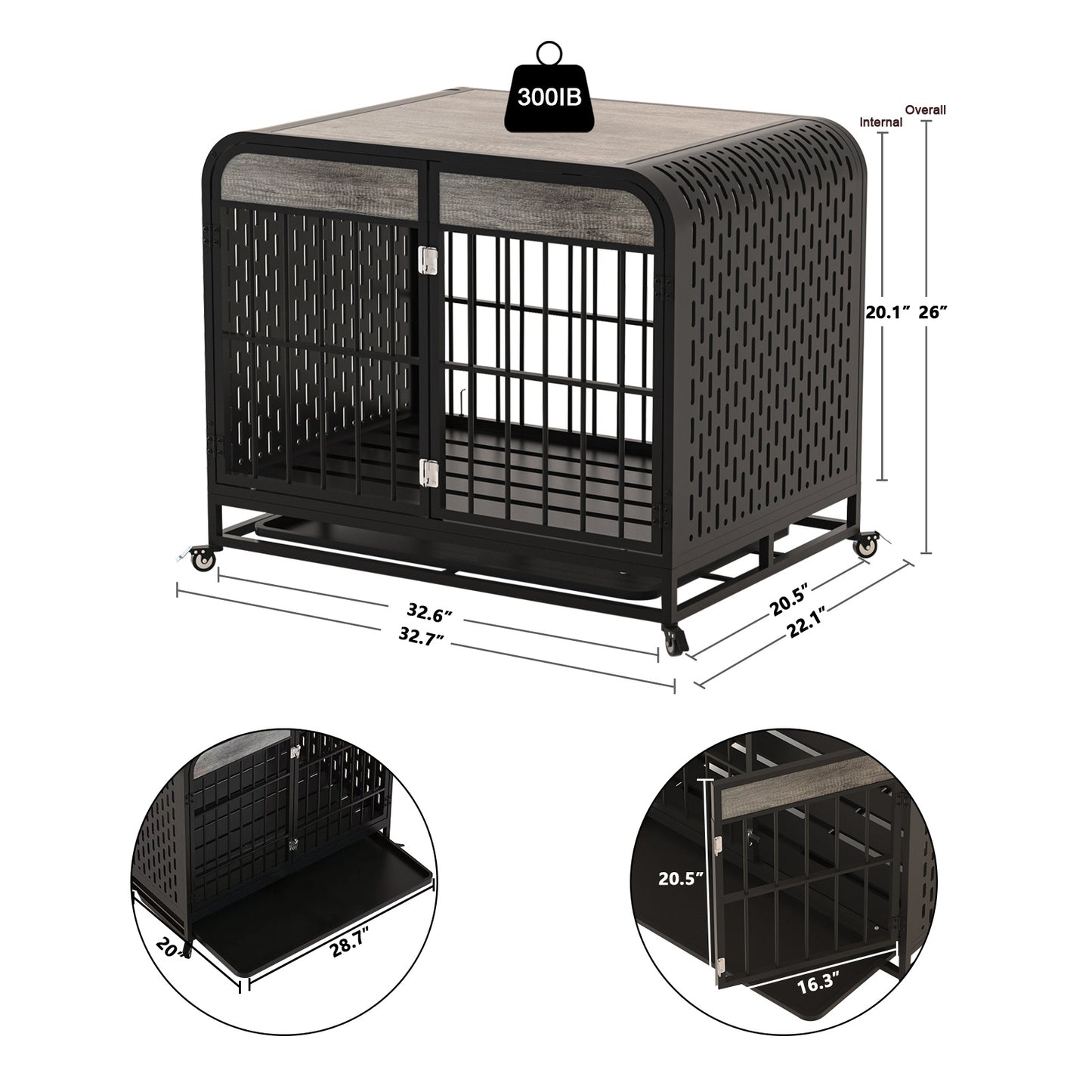 33in -Heavy Duty Dog Cage Crate Furniture Wooden Table Grey
