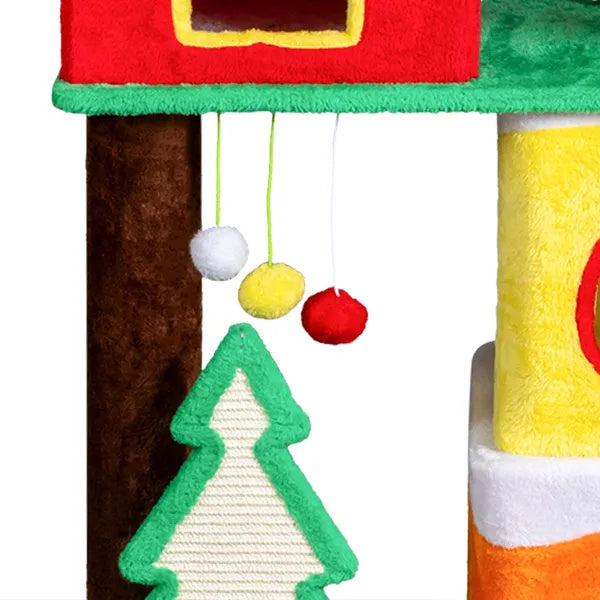 56in Christmas Themed Plush Cat Tree, Multi-level Cat Tower With Cat Condos, Top Crown Perch, Sisal Ramp Scratching Posts