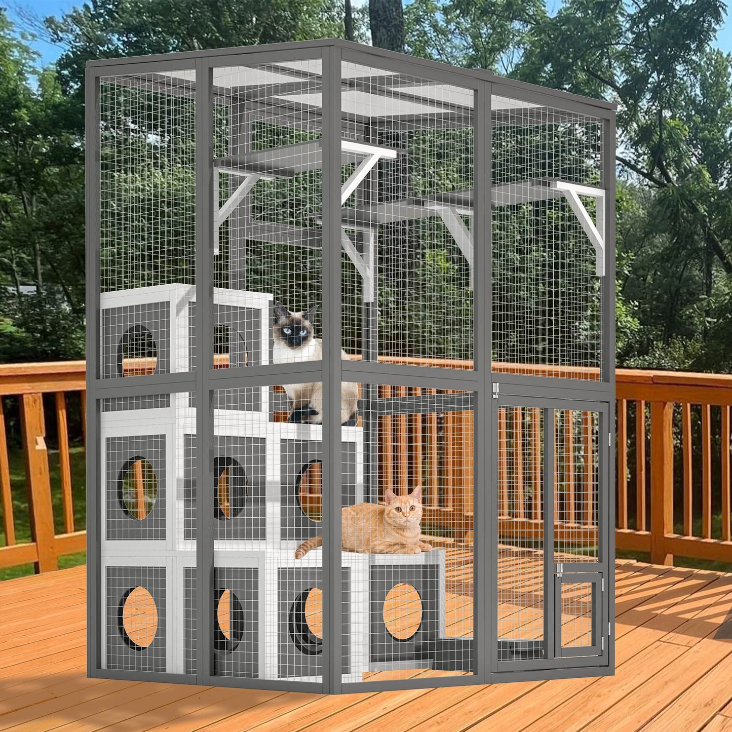 49.6 Outdoor Wooden Cat Catio - Large Solid Wood Cat Cage Playpen With 2 Jumping