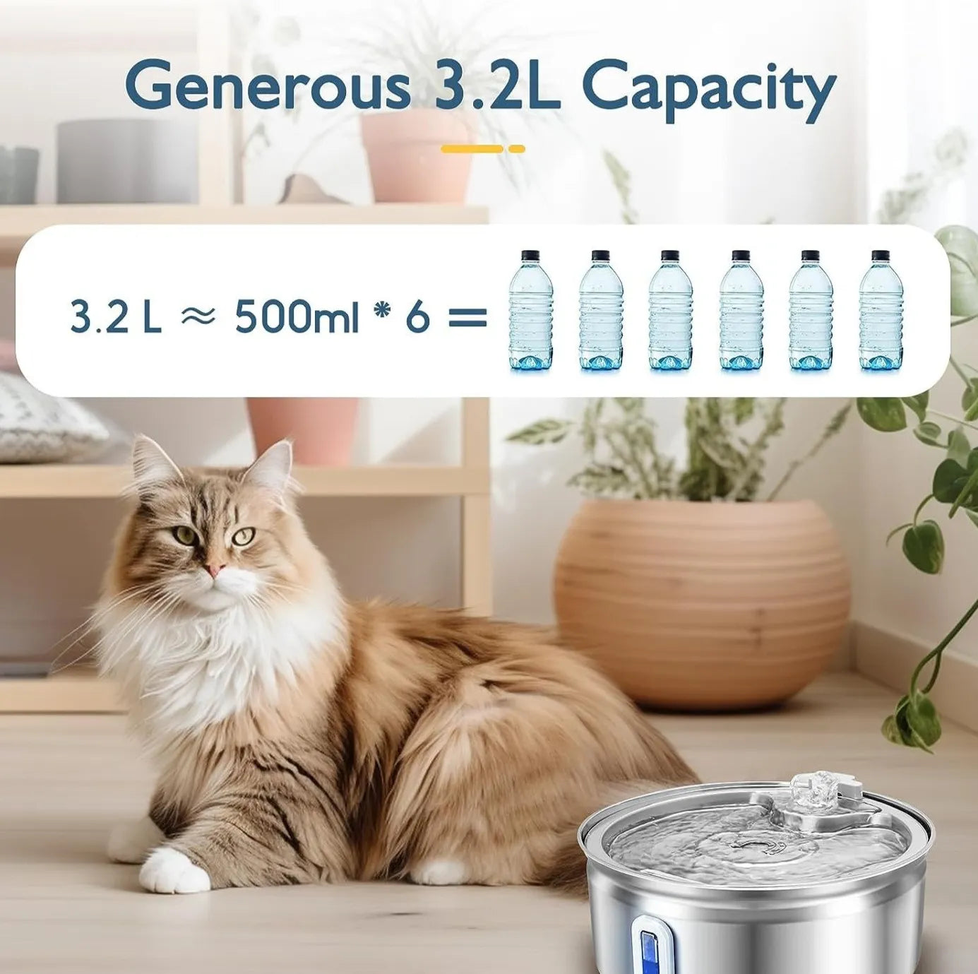 Cat Water Fountain 3.2L Stainless Steel: Pet Fountains for Cats/Dog Indoor Automatic Waterer Bowls for Drinking Small Animal Water Quiet Operation: